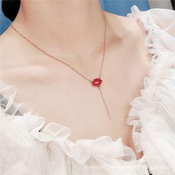 Personality Stainless Steel Clavicle Chain Jewelry Sexy Red Lips Zircon Choker Necklace for Women